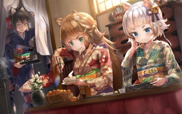 Anime Girls, Eating, Cute, Animal Ears, Kimono, Blonde Wallpaper