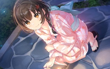 Beautiful Anime Girl, Kimono, Festival, Brown Hair, Night Wallpaper