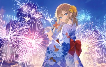 Beautiful Anime Girl, Yukata, Fireworks, Japanese Clothes, Festival Wallpaper