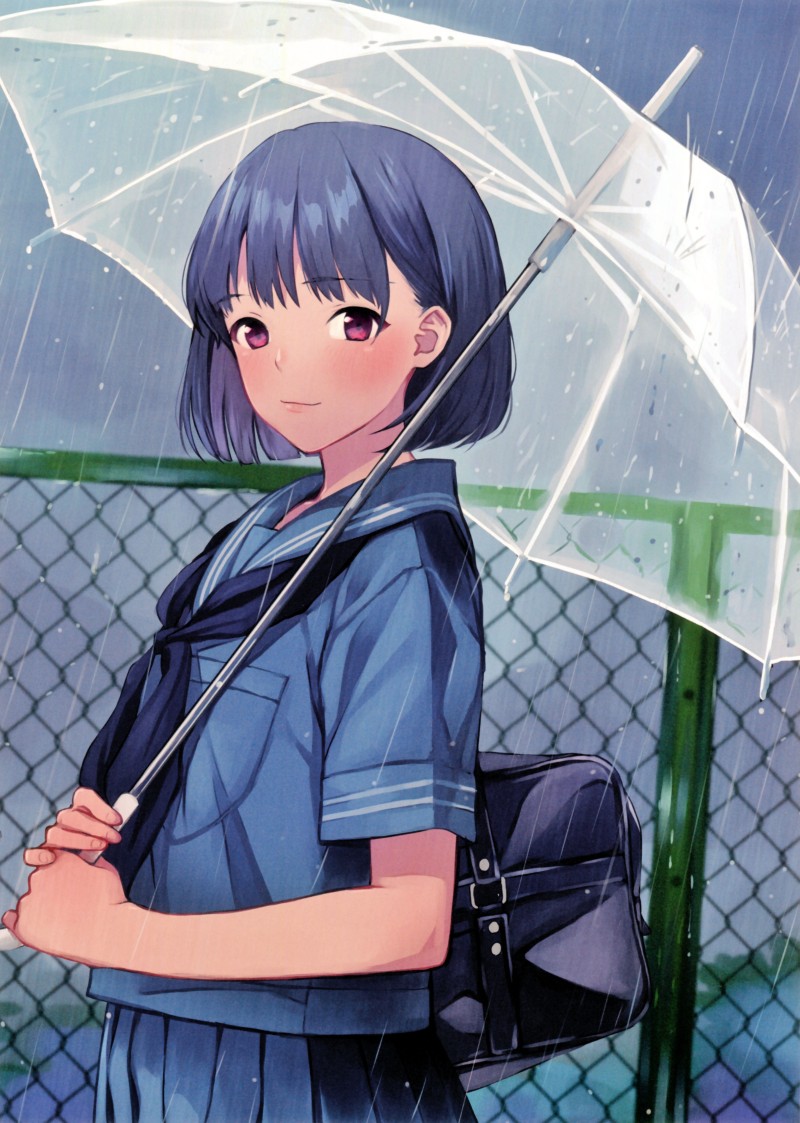 Anime School Girl, Raining, Transparent Umbrella, Short Hair Wallpaper