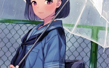 Anime School Girl, Raining, Transparent Umbrella, Short Hair Wallpaper