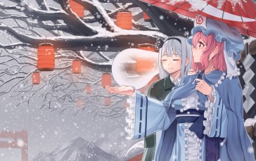 Saigyouji Yuyuko, Konpaku Youmu, Kimono, Touhou, Snow, Lanterns Wallpaper