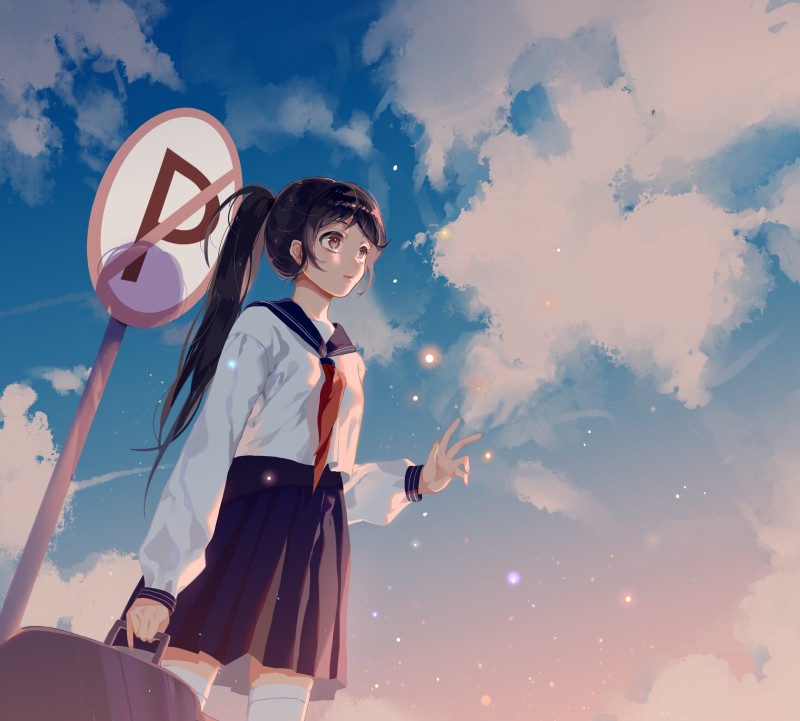 Anime Girl, Clouds, Sign, School Uniform, Bag, Sky Wallpaper