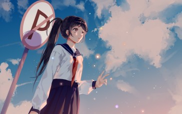 Anime Girl, Clouds, Sign, School Uniform, Bag, Sky Wallpaper