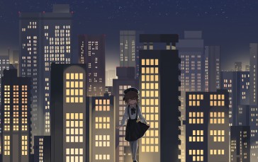 Virtual Youtuber, Hatoba Tsugu, Buildings, Night, Anime Wallpaper