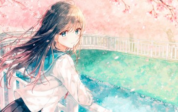 Anime School Girl, Long Hair, Sakura Blossom, Anime Wallpaper