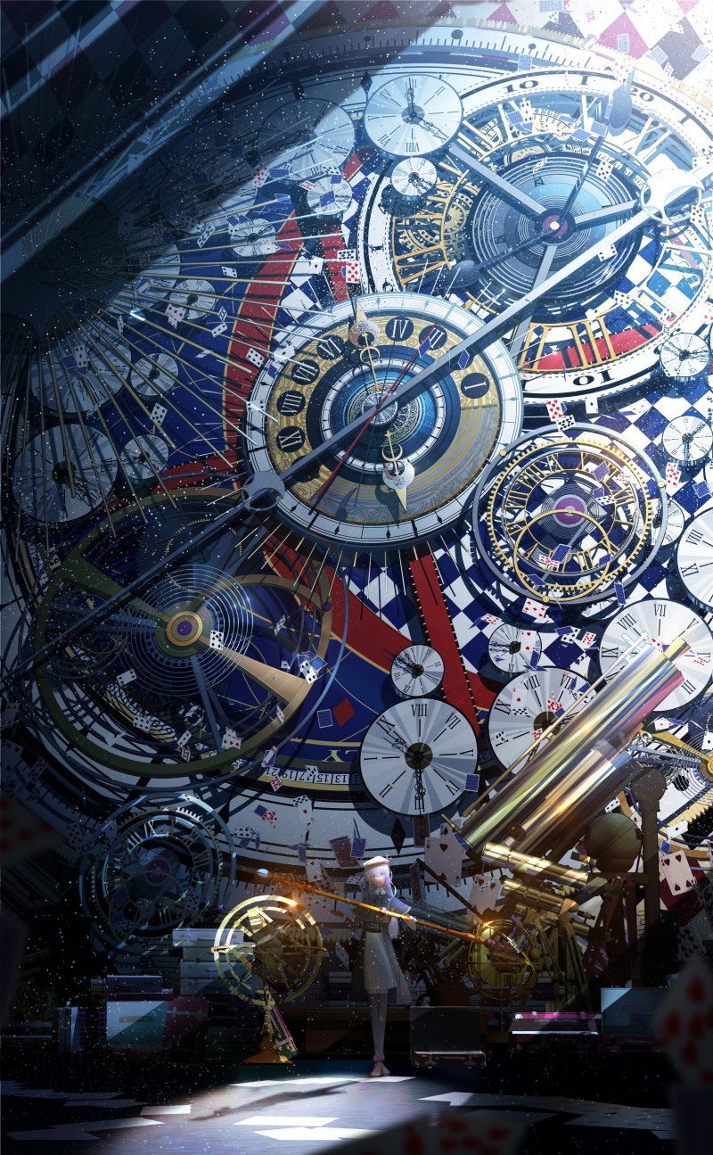 Anime Girl, Giant Clock, Cogwheels, Anime Wallpaper