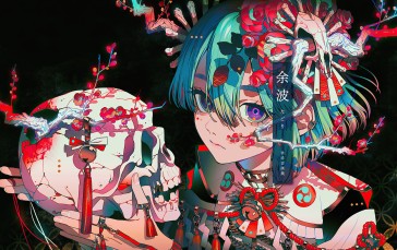 Cute, Anime Girl, Blue Hair, Skull Wallpaper