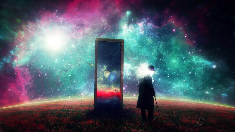 Man, Gate, Galaxy, Nebula Wallpaper