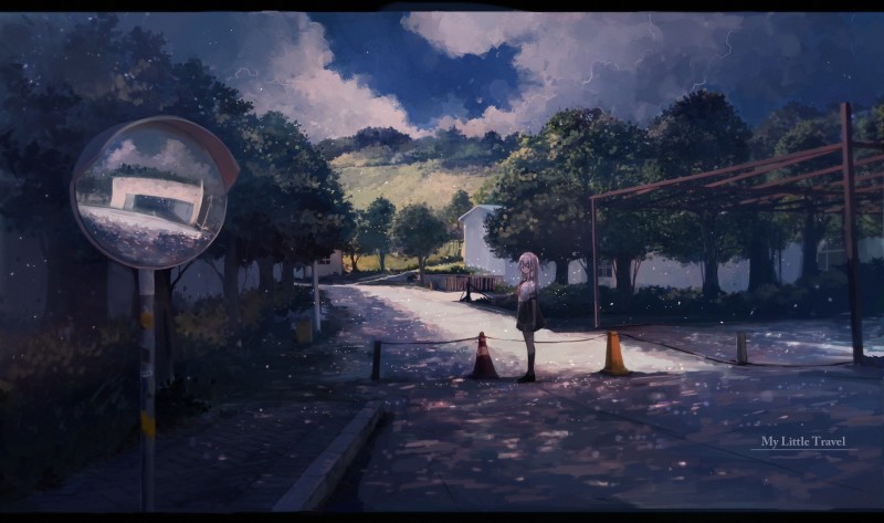 Anime Street, Reflection, Girl, School Uniform, Scenic Wallpaper