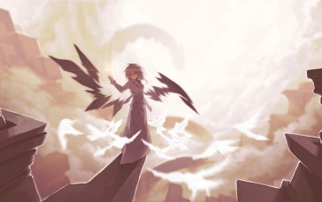 Anime Girl, White Dress, Cliff, Fantasy, Wings Wallpaper