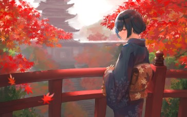 Morino Rinze, Kimono, Autumn, The Idolmaster Shiny Colors, Bridge, Traditional Buildings Wallpaper