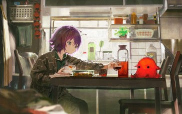 Anime Girl, Slime, Eating, Table Wallpaper