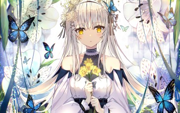 Beautiful Anime Girl, White Hair, Butterflies, Yellow Flowers, Anime Wallpaper