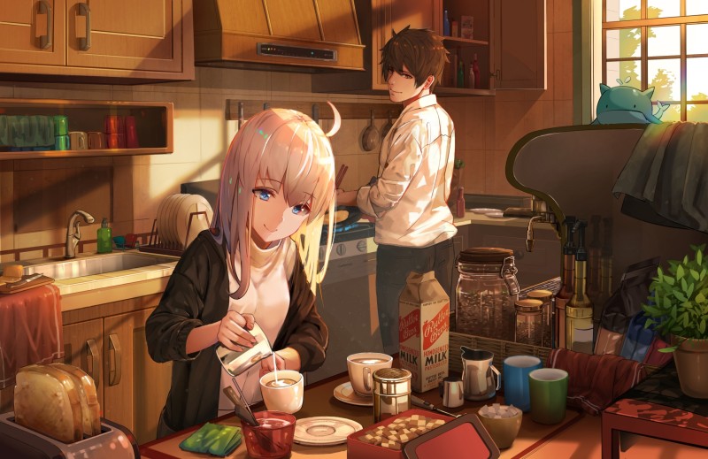 Anime Couple, Kitchen, Dessert, Sunlight, Anime Wallpaper