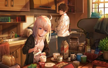 Anime Couple, Kitchen, Dessert, Sunlight, Anime Wallpaper