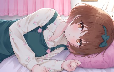 Cute Anime Girl, Lying Down, Short Hair, Blushes, Shy Expression, Anime Wallpaper