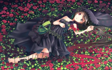 Anime Girl, Heterochromia, Black Dress, Flowers, Gothic, Anime Wallpaper