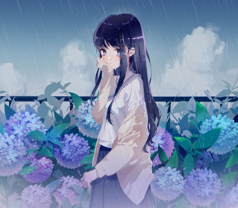 Anime Girl, Raining, Flowers, Black Hair, Tears Wallpaper