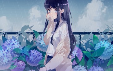 Anime Girl, Raining, Flowers, Black Hair, Tears Wallpaper