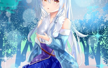 Pretty Anime Girl, Under The Moonlight, White Hair, Snowflakes, Anime Wallpaper