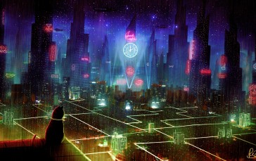 Cyberpunk City, Neon, Cat, Hotel Wallpaper
