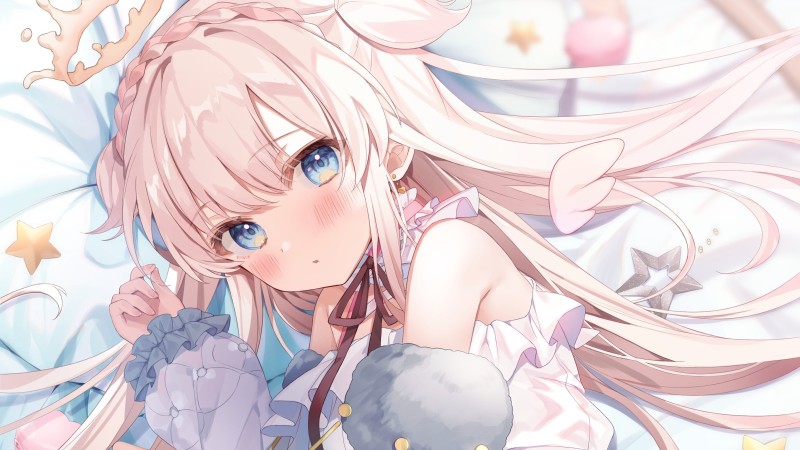 Cute Anime Girl, Lying Down, Blushes, Pink Hair, Blue Eyes Wallpaper