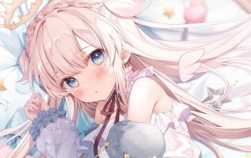 Cute Anime Girl, Lying Down, Blushes, Pink Hair, Blue Eyes Wallpaper