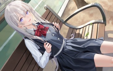 Anime School Girl, Bench, Smiling, White Hair, Uniform, Anime Wallpaper