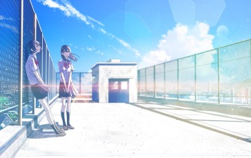 Anime School Girls, Rooftop, Clouds, Sky, Sunlight Wallpaper
