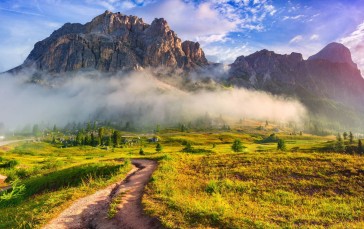 Foggy Mountain, Grass, Field, Scenery, Path, Clouds Wallpaper