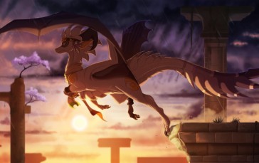 Dragon, Flying, Anime Creature, Raining, Dark Clouds Wallpaper