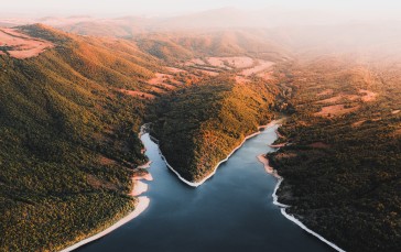 River, Aerial View, Mountains, Forest, Sky Wallpaper