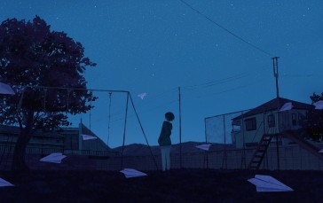 Anime Landscape, Beautiful Sky, Starry Sky, Night, Park, Trees Wallpaper