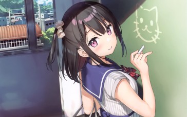 Anime School Girl, Cute, School Uniform, Purple Eyes Wallpaper