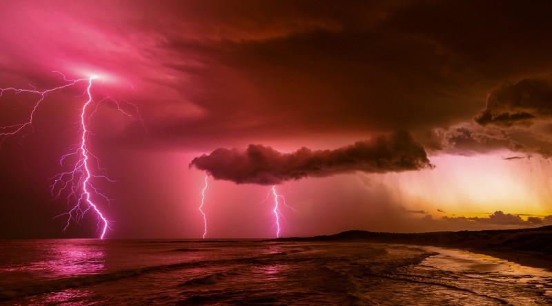 Multiple Lightnings, Clouds, Sea, Reflection Wallpaper