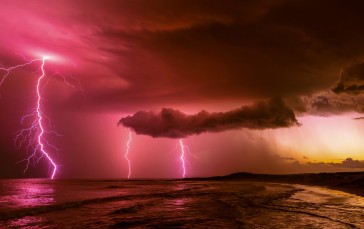 Multiple Lightnings, Clouds, Sea, Reflection Wallpaper