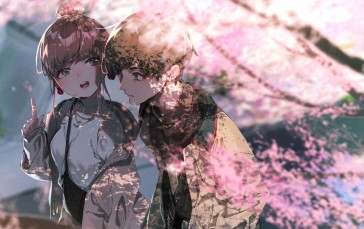 Anime Couple, Cute, Sakura Blossom, Tree, Happiness, Anime Wallpaper