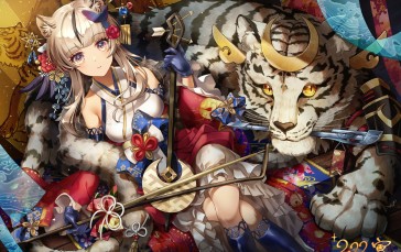 Anime Girl And White Tiger, Instrument, Beautiful, Anime Wallpaper