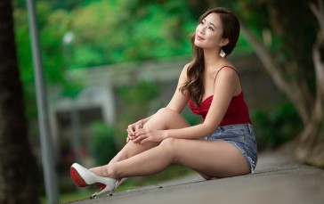 Model, Women, Red Lipstick, Asian, Red Tops, Jeans Wallpaper