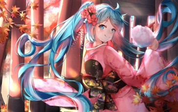 Hatsune Miku, Shrine, Torii, Kimono, Vocaloid, Twintails Wallpaper