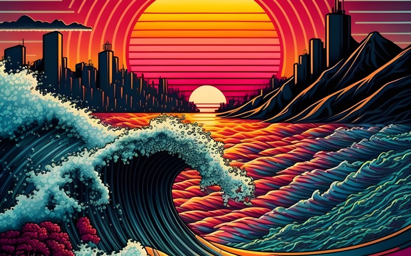The Great Wave off Kanagawa, 4K, Waves, Sunset Wallpaper