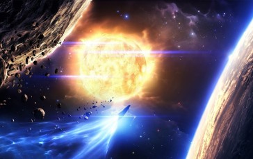 Spaceship, Planet Explosion, Nebula, Meteors, Space Wallpaper