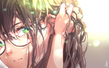 Beautiful Anime Girl, Meganekko, Brown Hair, Green Eyes, Anime Wallpaper