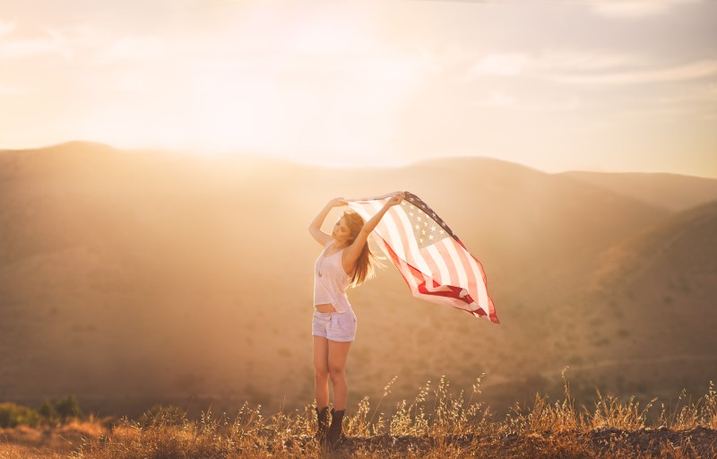 Women, Model, Sunlight, Mountain View, American Flag Wallpaper