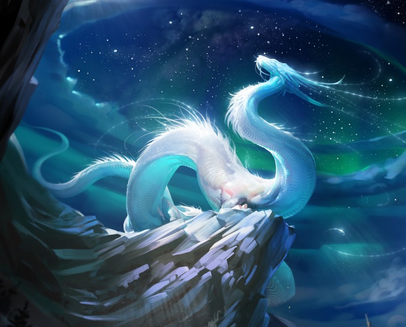 White Dragon, Starry Sky, Night, Creature, Majestic, Mountain Wallpaper