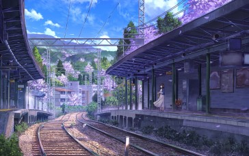 Anime Train Station, Girl, Summer, Purple Flowers, Anime Wallpaper