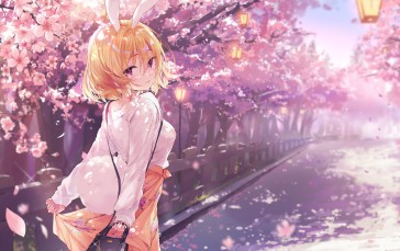 Pretty Anime Girl, Sakura Blossom, Road, Leaves, Spring, Blonde Wallpaper
