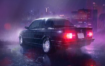 Neon Night City, Retro Car, Lights, Raining, Vehicle Wallpaper