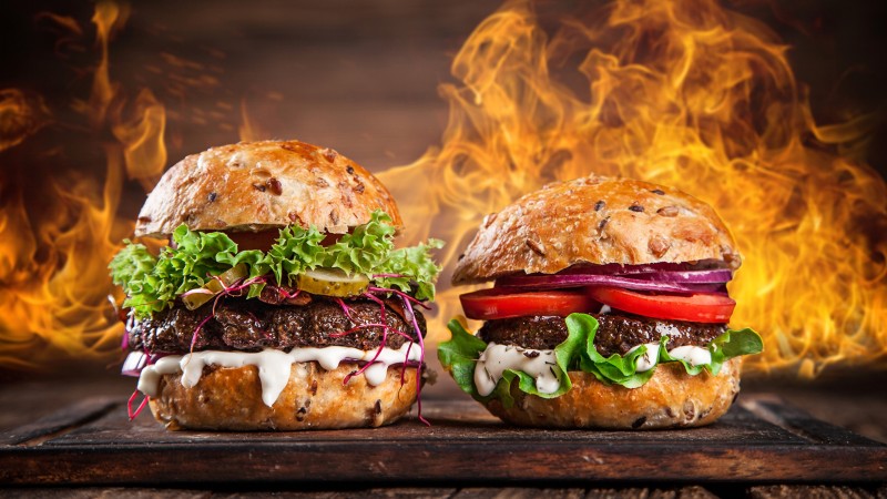 Hamburger, Flames, Fast-food, Food Wallpaper
